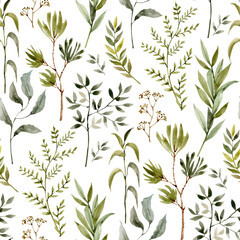 Obraz premium Watercolor seamless pattern with branches and leaves, hand painted.