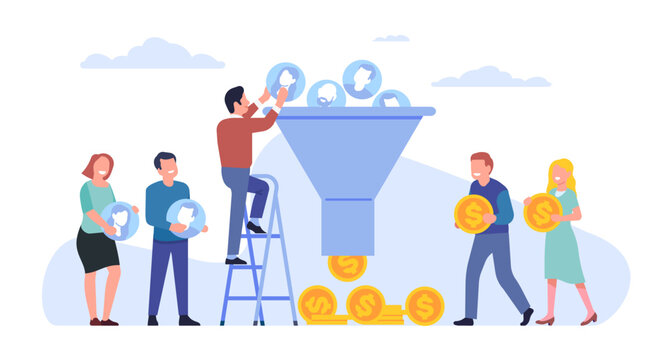 Sales funnel. Process of communicating and attracting new customers. Followers management. Generating revenue. Clients conversion to coins. Marketing vortex metaphor. Vector concept