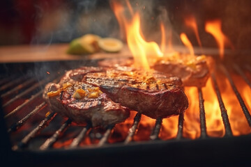  Grilling steaks on barbecue grill with flames closeup