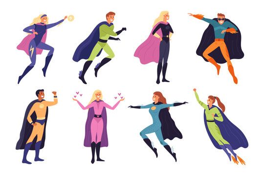 Superhero people. Comic characters. Cartoon strong men and women with superpowers. Different heroic poses. Special costumes with fluttering cloaks. Brave defenders. Garish vector set