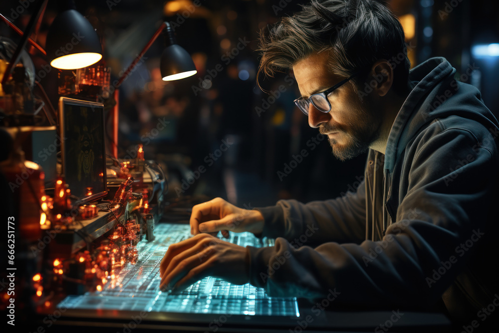 Poster a software engineer writing complex code, driving technological innovation. concept of software deve