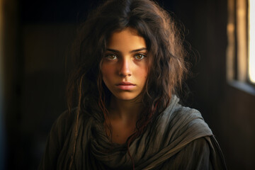 Fototapeta premium Sad Arab or Israeli girl, portrait of serious Middle Eastern young woman in dark room. Unhappy Palestinian teen looking at camera. Concept of character, youth, war, problem