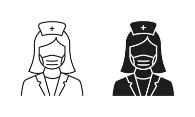 Nurse in Face Mask Symbol Collection. Professional Doctor Woman Line and Silhouette Black Icon Set. Female Physicians Specialist, Medic Assistant Pictogram. Isolated Vector Illustration