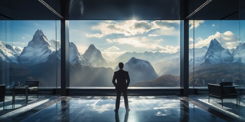 Business and Beyond: The Back of a Businessman in a Spacious Conference Room, Overlooking a Spectacular Mountain View, Symbolizing the Intersection of Corporate Endeavors - obrazy, fototapety, plakaty
