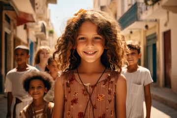 Middle Eastern children portrait, smiling cute Palestinian girl portrait on sunny city street. Young Arab or Israeli kids looking at camera. Concept of people, muslim, youth - obrazy, fototapety, plakaty