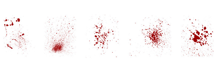 Paint Brush Abstract Splatter Collection. Blood Stain Set. Red Splat, Grunge Texture. Drop Spatter, Ink Spray. Horror Bloodstain Splash on White Background. Isolated Vector Illustration - obrazy, fototapety, plakaty