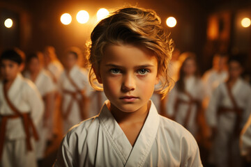 Children decked out in karate uniforms, executing precise moves in martial arts class. Concept of discipline in martial arts. Generative Ai. - obrazy, fototapety, plakaty