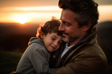 A man hugs a child at sunset
