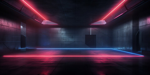 Modern neon room background, interior of dark hall with led red and blue light. Empty futuristic showroom or stage. Concept of studio, game, show, building, industry, future