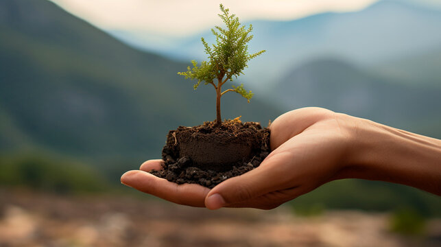 mano sosteniendo un árbol recién nacido con un pedazo de tierra, reforestación 