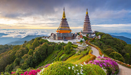 Fototapeta premium Landscape of two pagoda (noppha methanidon-noppha phon phum siri stupa) in an Inthanon mountain, chiang mai, Thailand