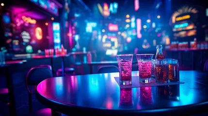 Fotobehang vasos de bebidas con alcohol sobre una mesa en un club nocturno, con luces de neon en el fondo © Favio