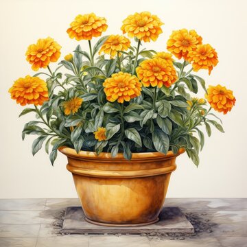 pot marigold flowers watercolor painting fruit vegetable clipart botanical realistic illustration