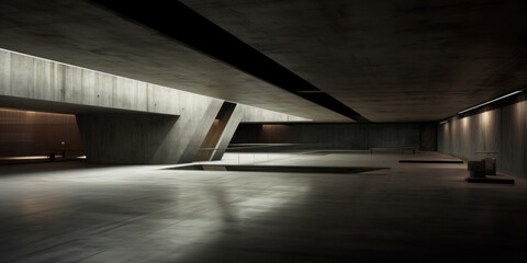 Empty dark underground parking background, minimalist interior of concrete hall with low light....