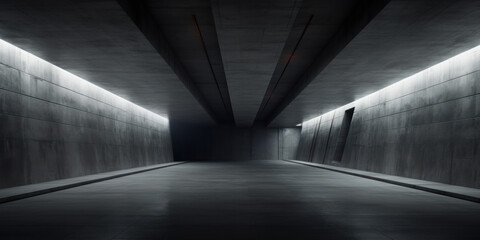 Empty dark parking background, futuristic minimalist interior of concrete hall with low light. Modern spacious room with gray walls. Concept of garage, warehouse, industry, future