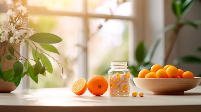 frasco de pastillas de vitamina c, naranjas en un ambiente iluminado y cálido 