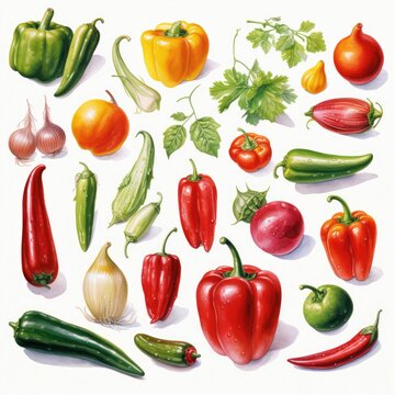 set of detailed watercolor painting fruit vegetable clipart botanical realistic illustration
