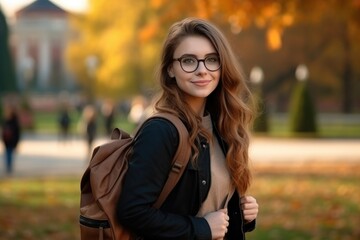 A student girl with a backpack and glasses in the park in autumn - obrazy, fototapety, plakaty