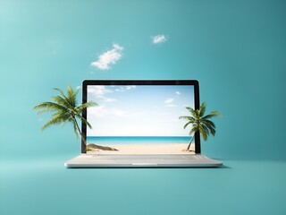 Laptop with beach screen background, on blue color background