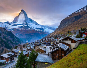 Early Morning landscape View on Zermatt city village Valley and Matterhorn Peak in the Morning, Switzerland