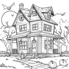 witch house simple children coloring page Halloween cute white background book isolated bold
