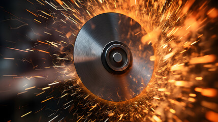 Close-up metal saw blade on the sides fly bright sparks from the angle grinder machine. Metal sawing. Hot sparks at grinding steel material. - obrazy, fototapety, plakaty