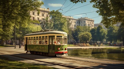 Tram on the streets of Moscow in the 1950s - obrazy, fototapety, plakaty