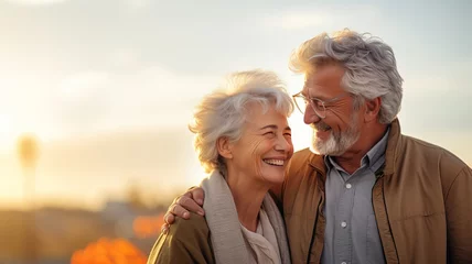 Poster Portrait of cute lovely italian caucasian happy elderly couple hugging outside in city park. pensioner retirees wife and husband rejoice. smiling woman tenderly embracing her spouse. © yana136