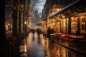 Traditional Christmas market in Germany. Advent Fair Decoration and Stalls with Crafts Items on the Bazaar.