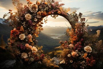 Wedding arch in the mountains at sunset, in the style of dark yellow and light aquamarine, photorealistic fantasies, romantic riverscapes, fairycore, shaped canvas, atmospheric installations