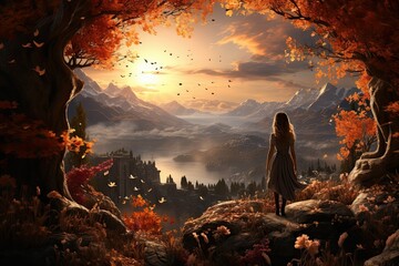 Girl in the mountains at sunset, in the style of dark yellow and light aquamarine, photorealistic fantasies, romantic riverscapes, fairycore, shaped canvas, atmospheric installations