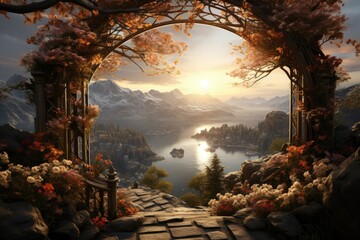 Wedding arch in the mountains at sunset, in the style of dark yellow and light aquamarine, photorealistic fantasies, romantic riverscapes, fairycore, shaped canvas, atmospheric installations