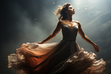 A ballet dancer striking an elegant pose on a dimly lit stage. Concept of grace and artistic expression. Generative Ai.