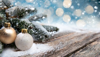 Fototapeta na wymiar Éclat hivernal : Boules de Noël sur une table en bois sous la neige scintillante