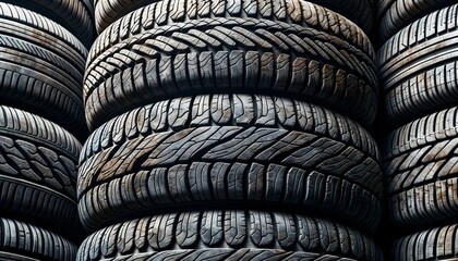 Close-up of stacked tyres, showing intricate details and tread patterns. The image evokes concepts of automotive, safety and industry