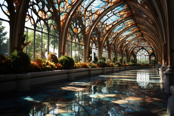 A quiet church with beautiful stained glass windows, inviting contemplation. Concept of spirituality and reflection. Generative Ai.