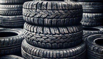 Breathtaking view of carefully stacked tyres, with emphasis on unique and detailed tread patterns. An image that represents durability, the automotive industry and safety.