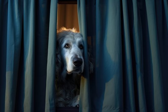 The dog stands behind the blue curtains