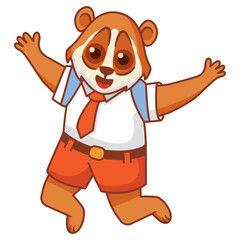 The joyful character of Lori waving his hand. Animalistic childish character with your hands up.Cute animal student.Line art vector.A schoolboy with a backpack.