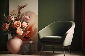 Interior: Olive green with salmon red lounge chair and vase of flowers. Generative AI