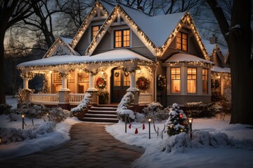 Front yard of the private house in the USA or Europe covered by fresh snow after blizzard and fence, decorated by glowing in the dark colorful garlands for Christmas and New Year winter holidays. - obrazy, fototapety, plakaty