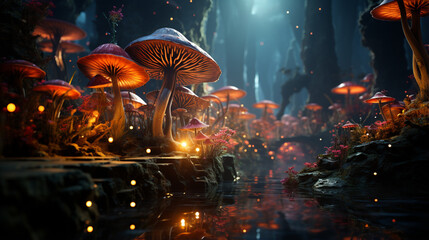 Fantasy wonderland landscape mushrooms moon. Dreamy fantasy mushrooms magical forest. Generative Ai - obrazy, fototapety, plakaty