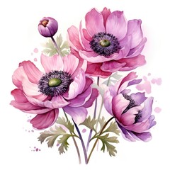 Beautiful spring anemone bouquet, watercolor drawing. Generative AI