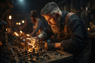 A resourceful blacksmith crafting intricate metalwork designs with skilled hands. Concept of metal craftsmanship and artistry. Generative Ai. - obrazy, fototapety, plakaty