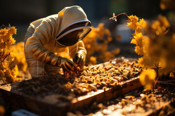 A diligent beekeeper tending to vibrant beehives, ensuring the health of the colony. Concept of apiculture and conservation. Generative Ai.