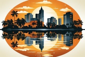 Miami in line art style, palm trees and skyscrapers, sun, cityscape. Travel postcard, print - obrazy, fototapety, plakaty