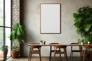 An empty frame hangs in the dining room above the dining table