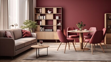 The interior of the living room with a burgundy wall and a dining table