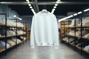 White sweatshirts and hoodies are hanging in the store - obrazy, fototapety, plakaty