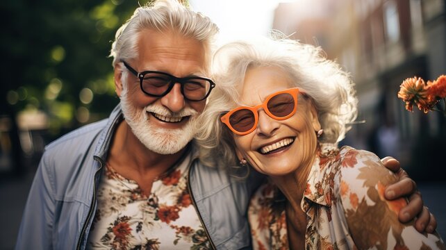 Couple Of Old Seniors Travelling Enjoying And Taking A Selfie, Smiling And Ejoying Looking At The Camera Wearing Sun Glasses.pensioners Vacations Lifestyle.